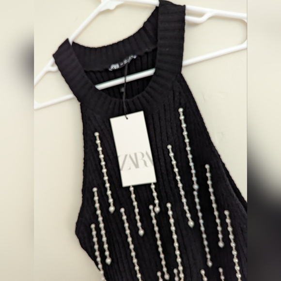 ZARA CHENILLE Dangling PEARL KNIT TOP black NWT - Picture 4 of 5